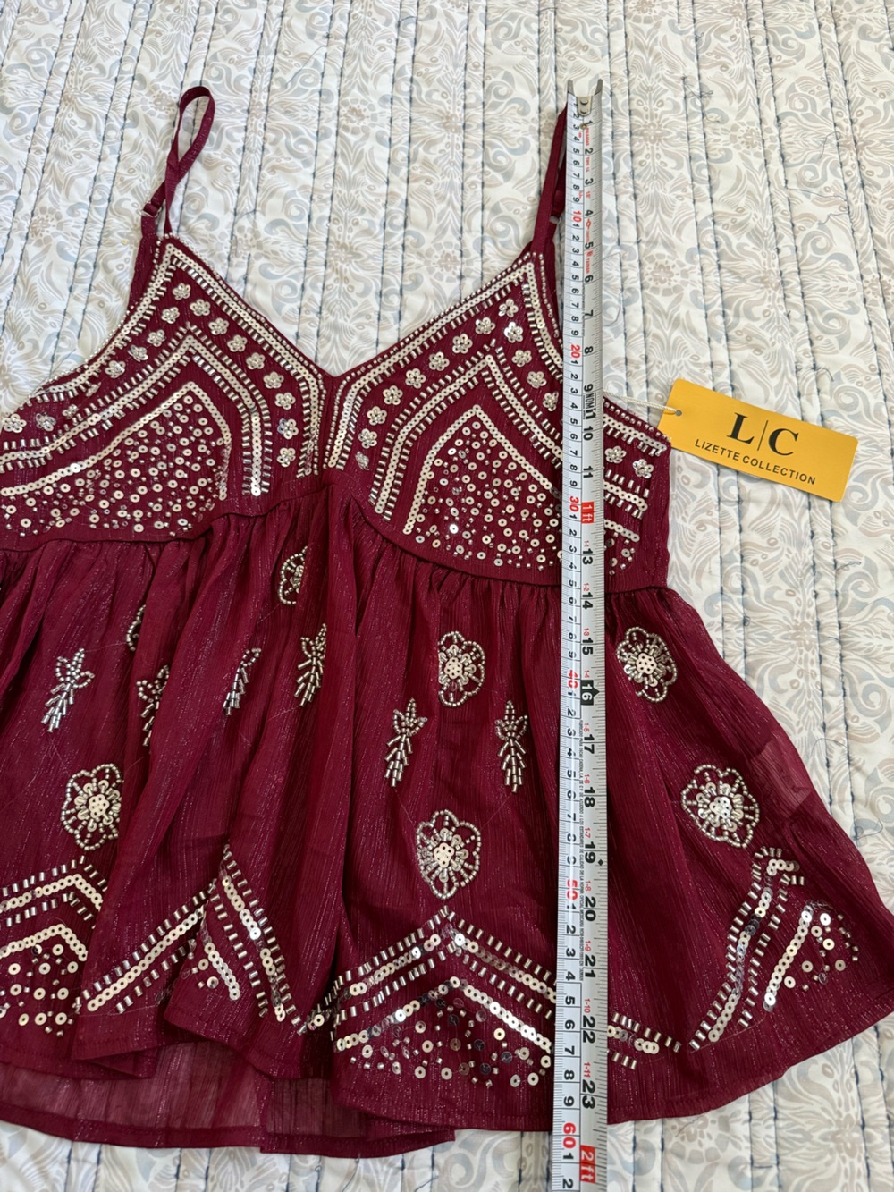 Lizette Collection XS Burgundy Beaded Sequin Babydoll Cami Boho Festival Y2K Top - Picture 3 of 9